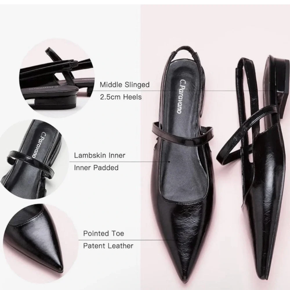C. Paravano Freya Pointed Toe Slingback Flat Ankle Strap Patent Black 41 US 10.5